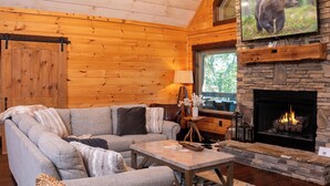 Accogliente interno di una baita con camino in pietra, pareti in legno, un grande televisore montato sopra e una zona salotto confortevole.