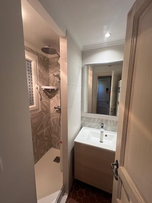 Bathtub, hair dryer, towels, toilet paper
