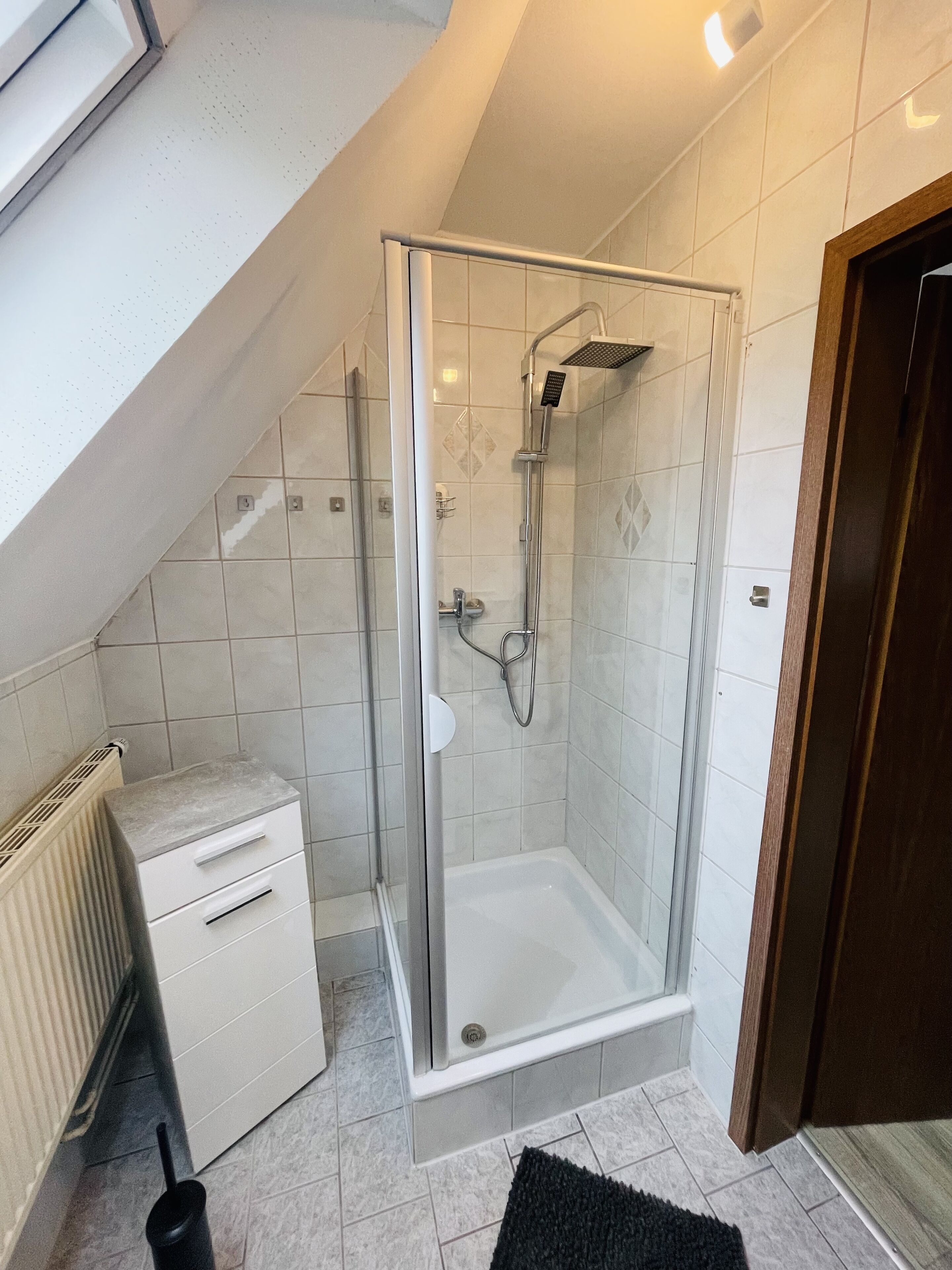 A modern shower room with a glass enclosure, a white radiator, and a small storage unit.