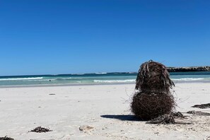 A beach with a large, dark-colored, cylindrical object in the foreground.