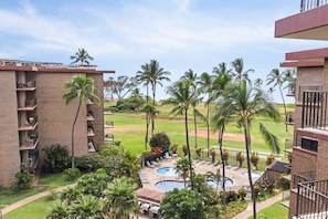 Un hotel con varios pisos, un área de piscina con dos piscinas y palmeras.