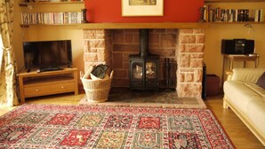 Una sala de estar acogedora con chimenea, televisor y estantería.