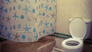 A bathroom with a shower curtain featuring a starfish and seashell pattern, a white toilet, and a tiled floor.