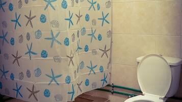 Bathtub, hair dryer, bidet, towels