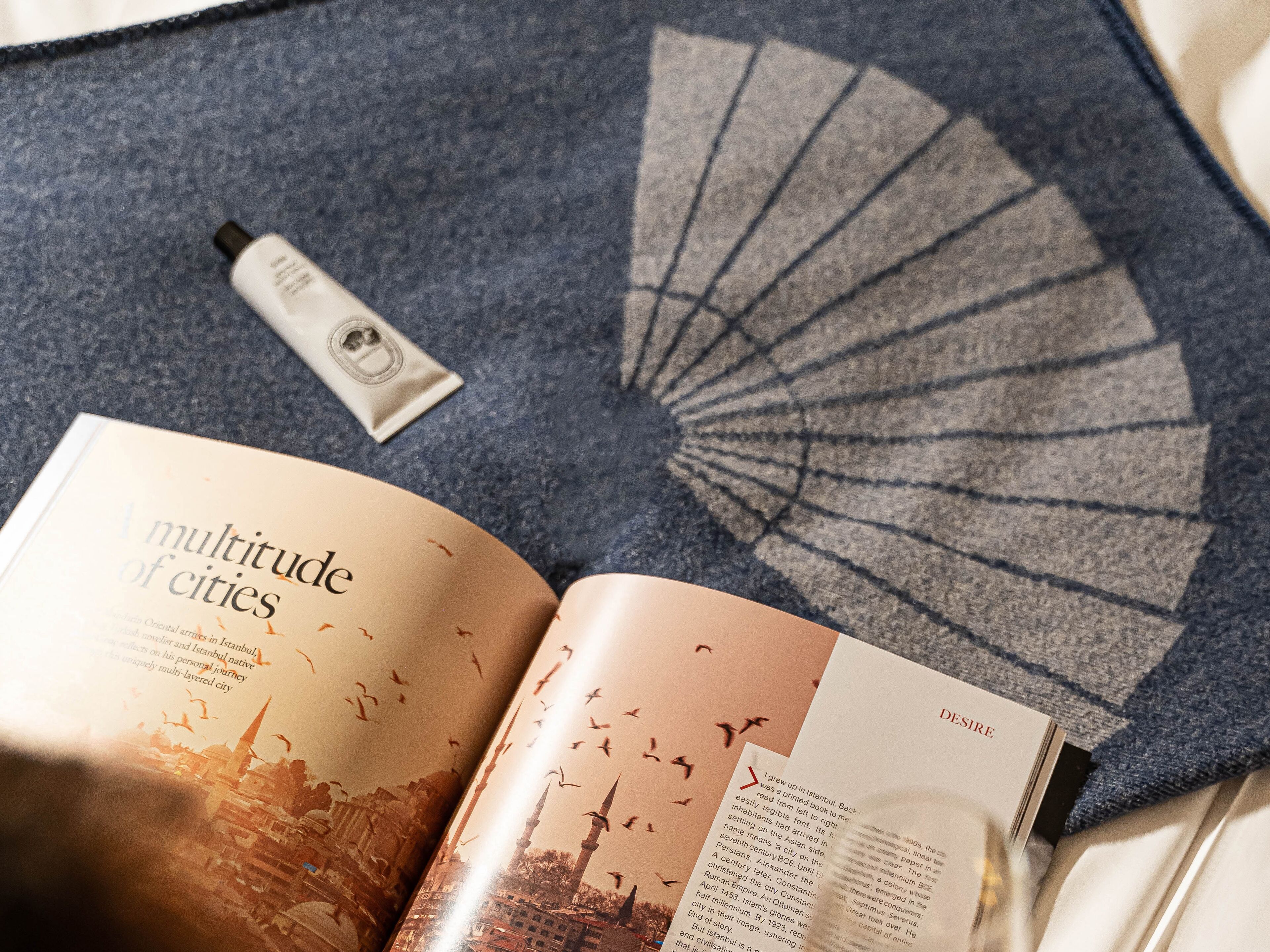 A book titled 'A multitude of cities' with a cityscape illustration, placed on a textured fabric surface.