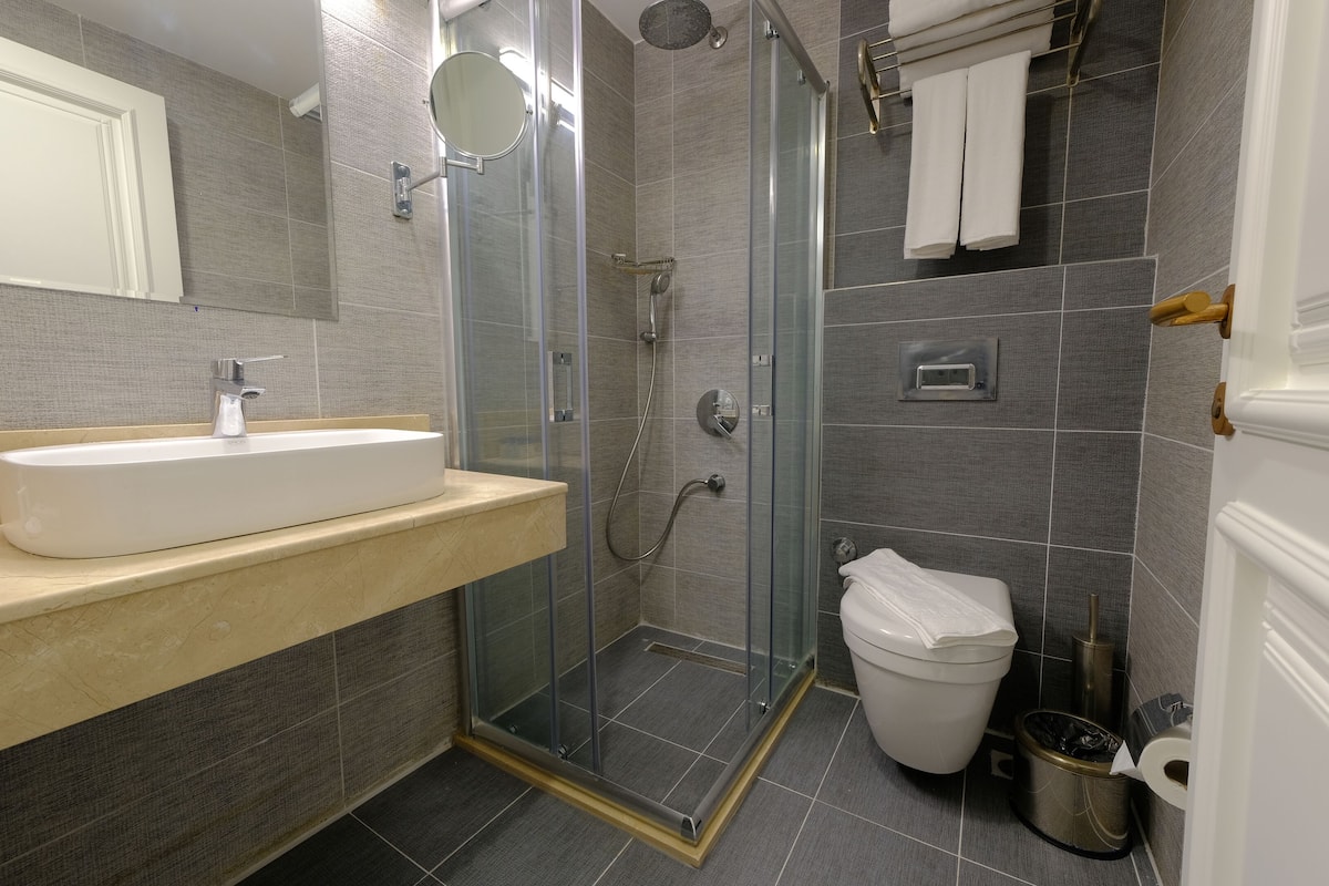 shower, rainfall showerhead, free toiletries, hair dryer