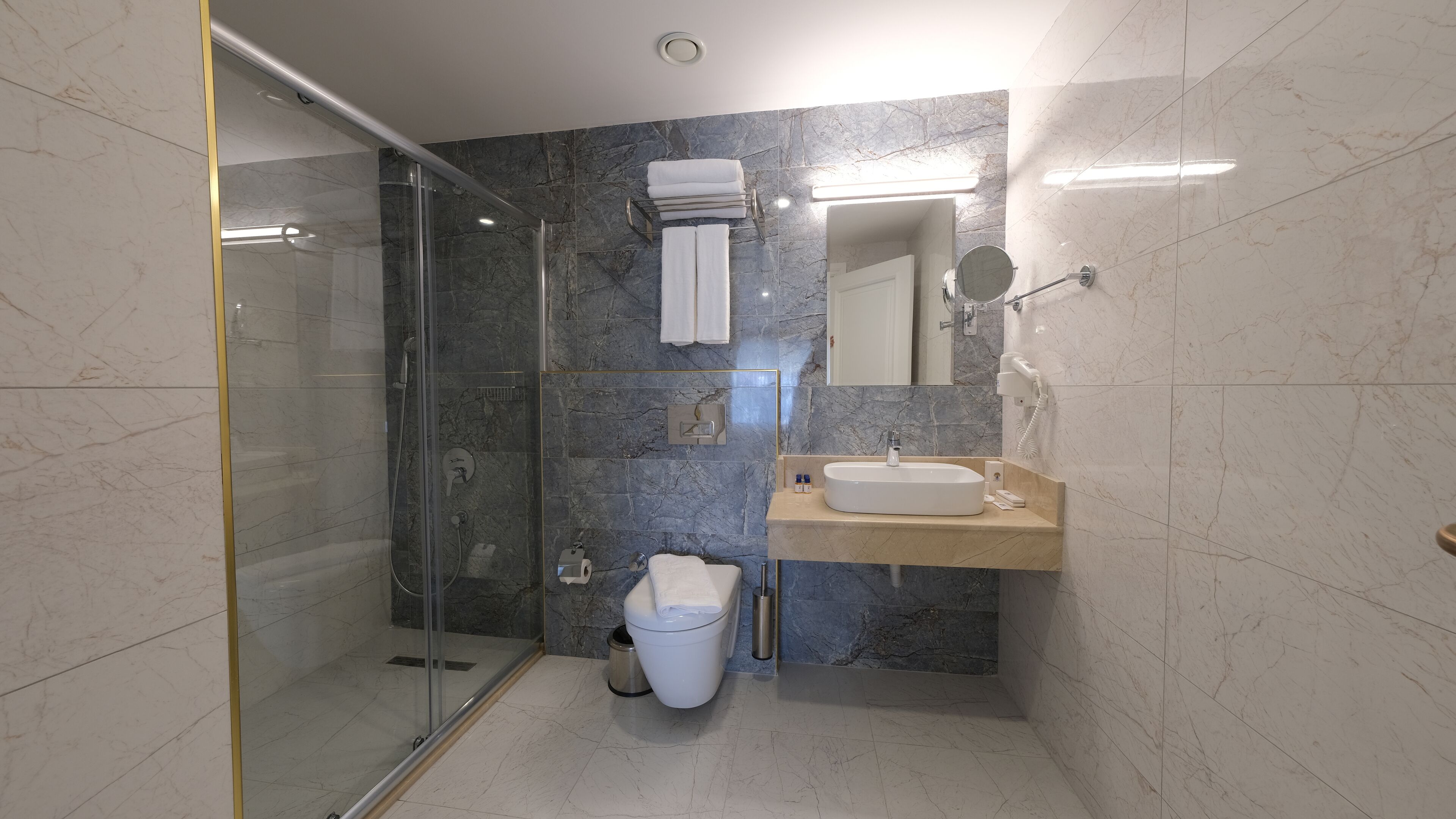 deluxe room | bathroom | shower, rainfall showerhead, free toiletries, hair dryer