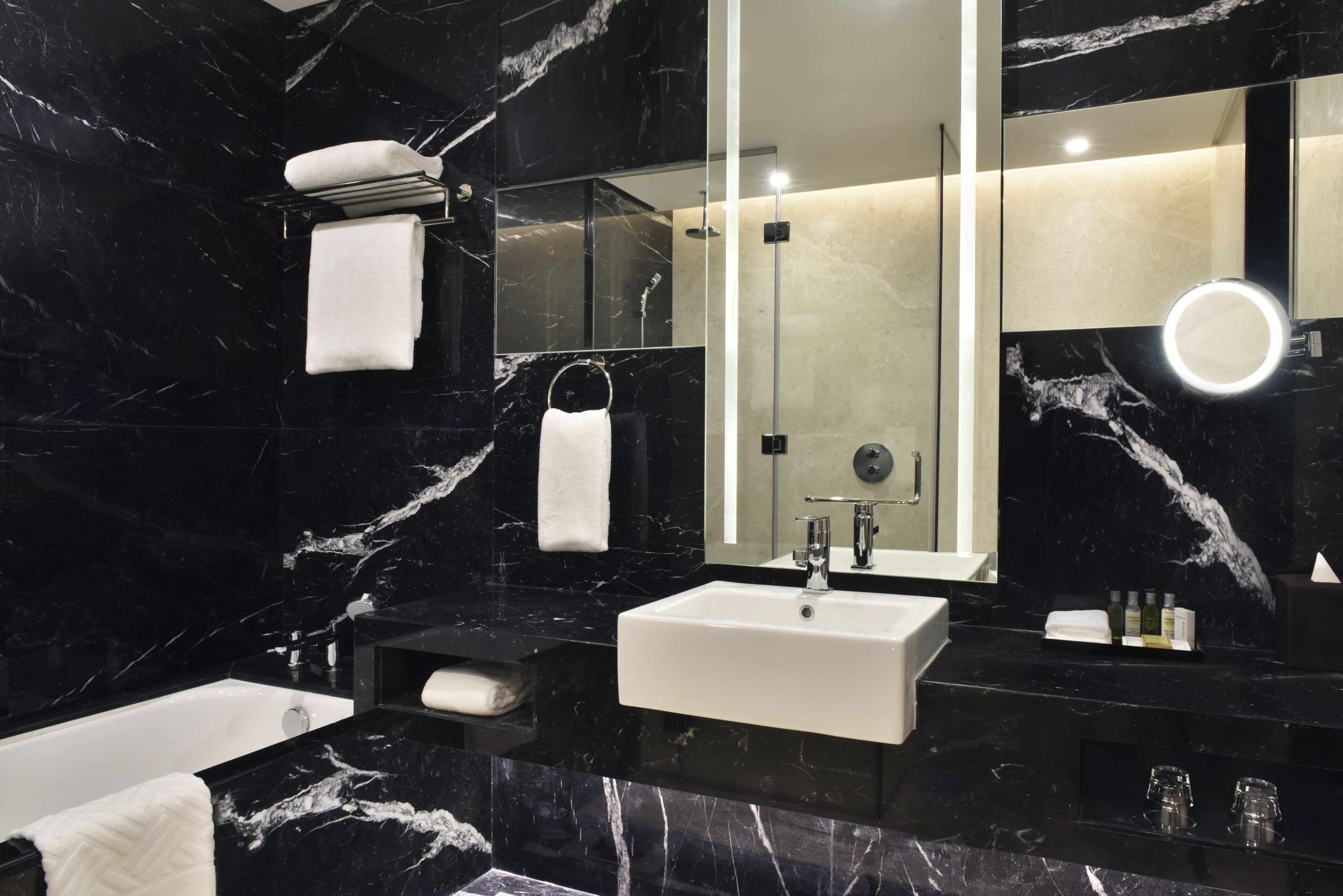 Separate tub and shower, free toiletries, hair dryer, bathrobes