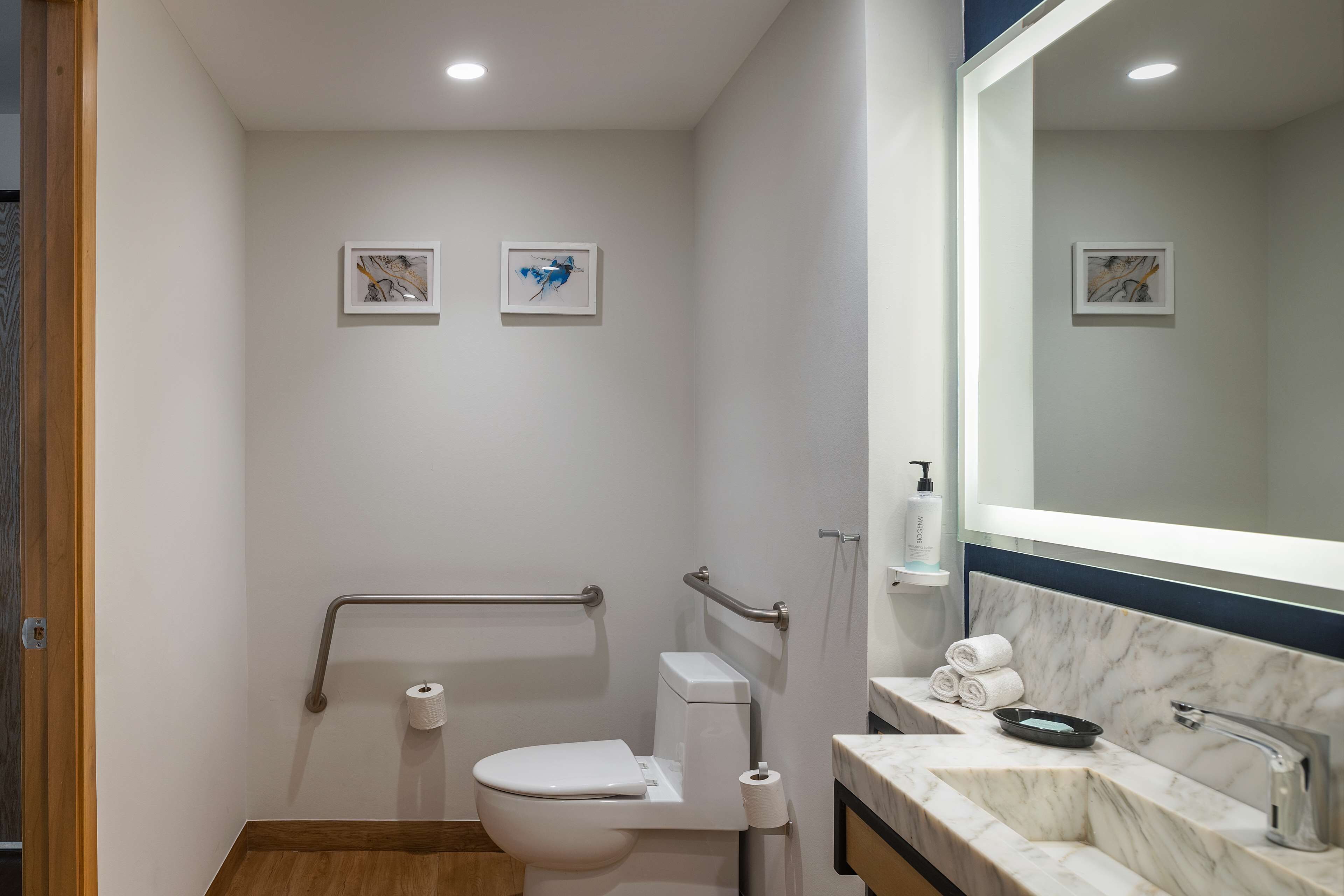 Un baño moderno con inodoro, bidé y lavabo. Hay dos obras de arte enmarcadas en la pared, una barandilla y un espejo sobre el lavabo.