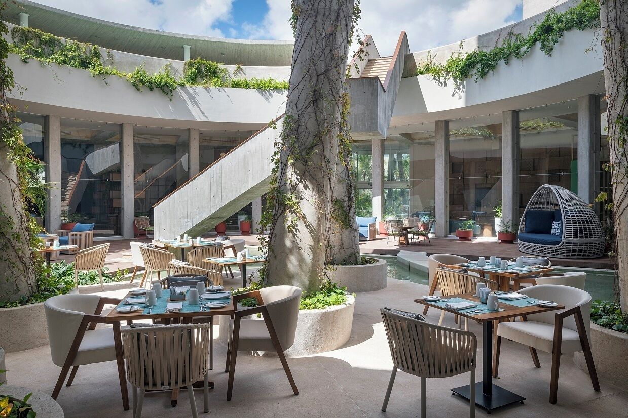 A modern outdoor dining area with tables and chairs, a large tree, and a hanging chair.