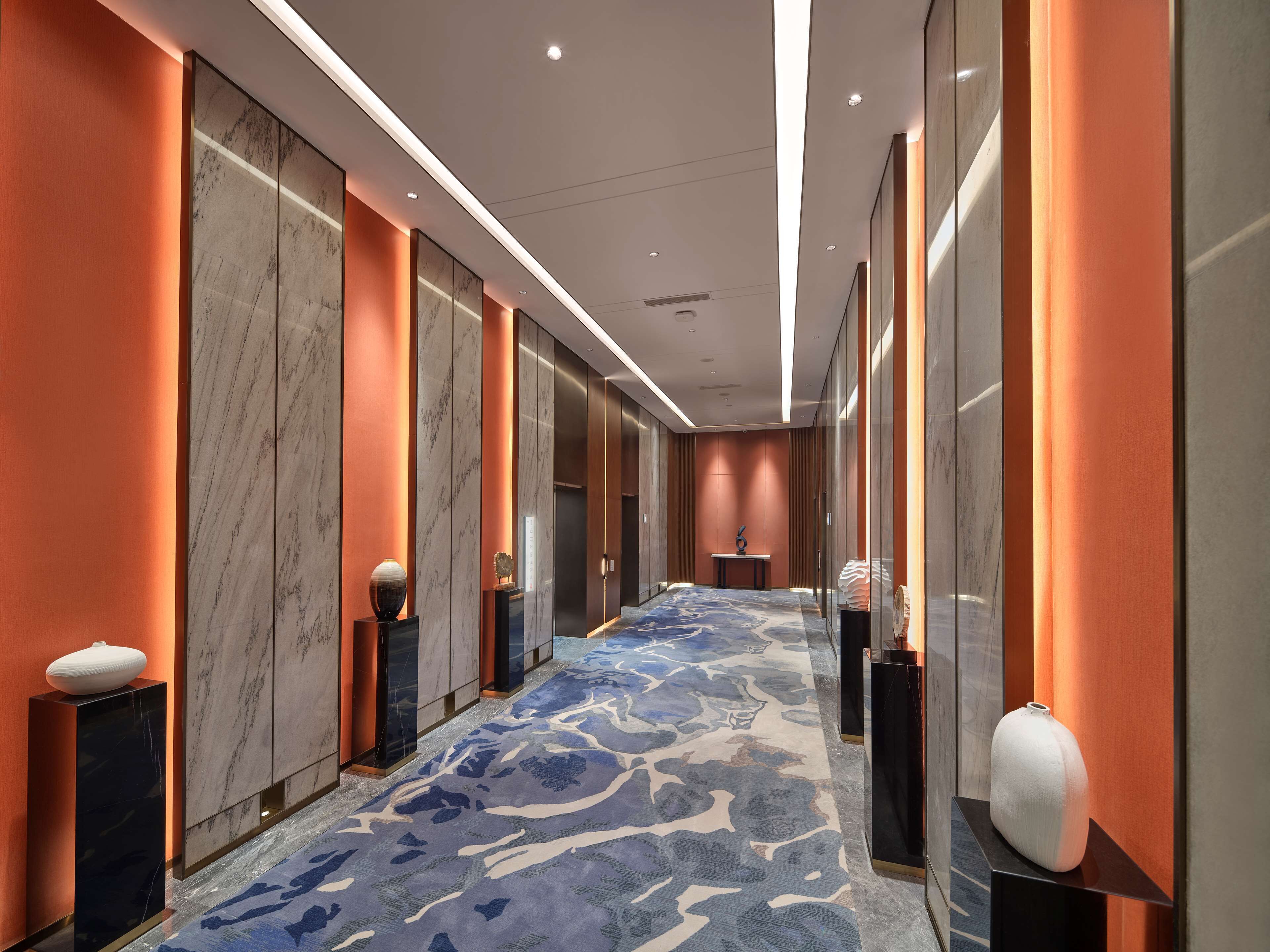 A modern hallway with marble walls, a patterned carpet, and a central elevator.