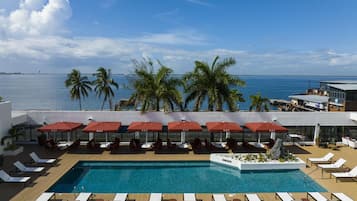 A poolside area with lounge chairs and umbrellas, overlooking a body of water with palm trees.