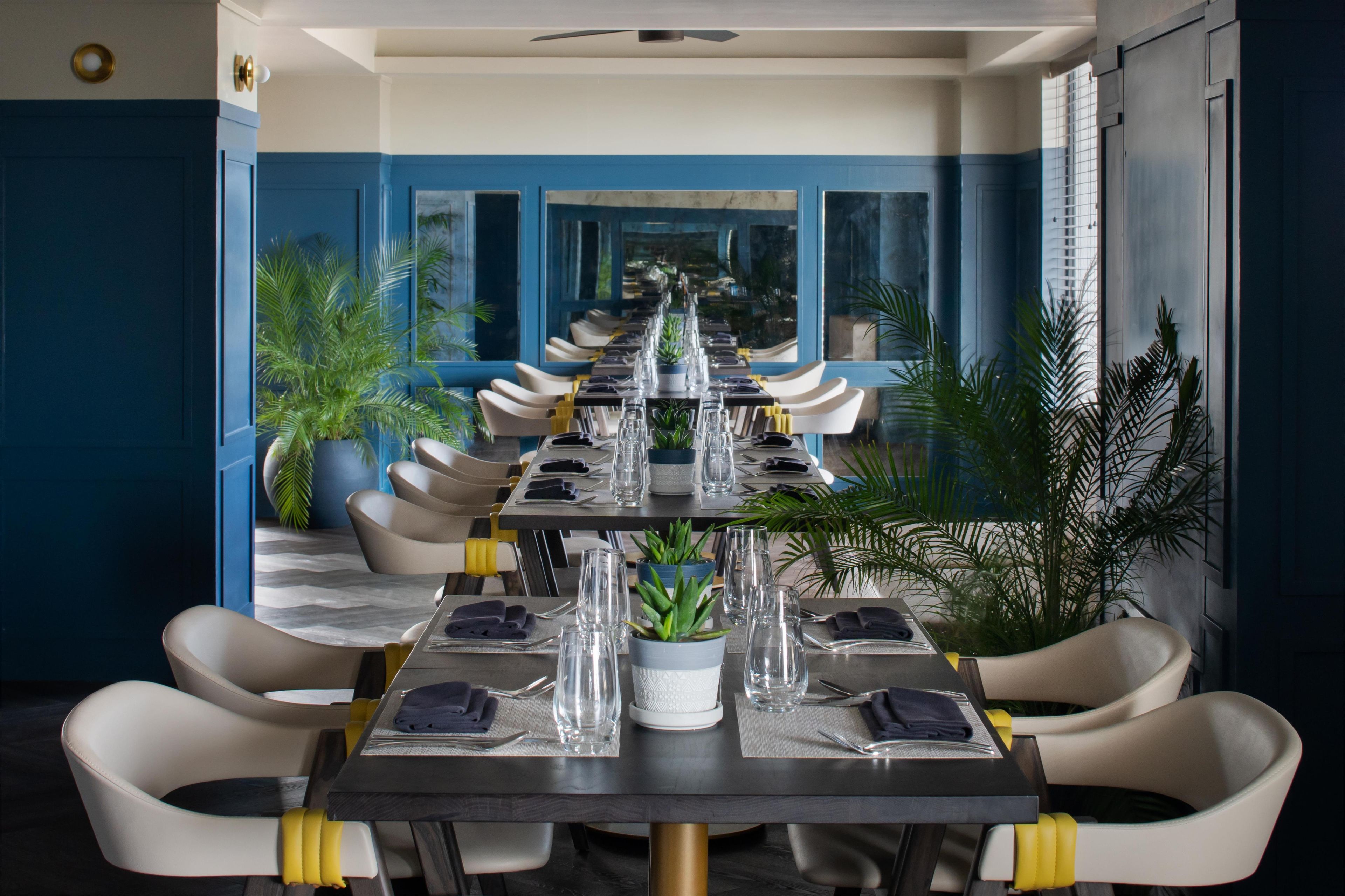 Una larga mesa de comedor con sillas, dispuesta para una comida, en una habitación con paredes azules y ventanas amplias.