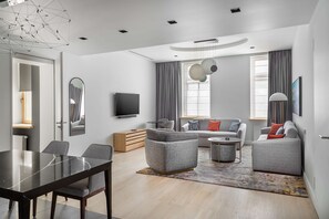 Deluxe Apartment, 2 Bedrooms | Premium bedding, in-room safe, blackout drapes, iron/ironing board
