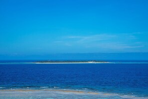 Une vue sur la côte, avec une eau d’un bleu limpide, une plage de sable et une île verdoyante à l’horizon.