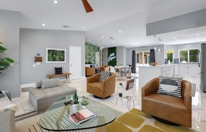 Smart TV, fireplace, video games, foosball