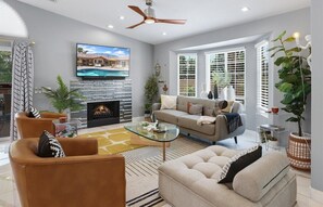 Smart TV, fireplace, video games, foosball