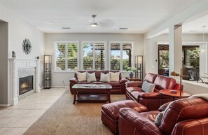 Flat-screen TV, fireplace, video games