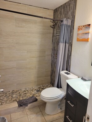 Combined shower/bathtub, hair dryer, towels, soap