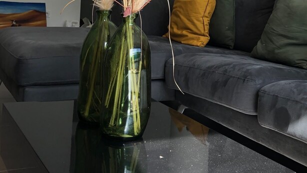 Un salon moderne avec une table basse en verre, un canapé gris et un vase décoré de plumes d’herbe de la pampa.
