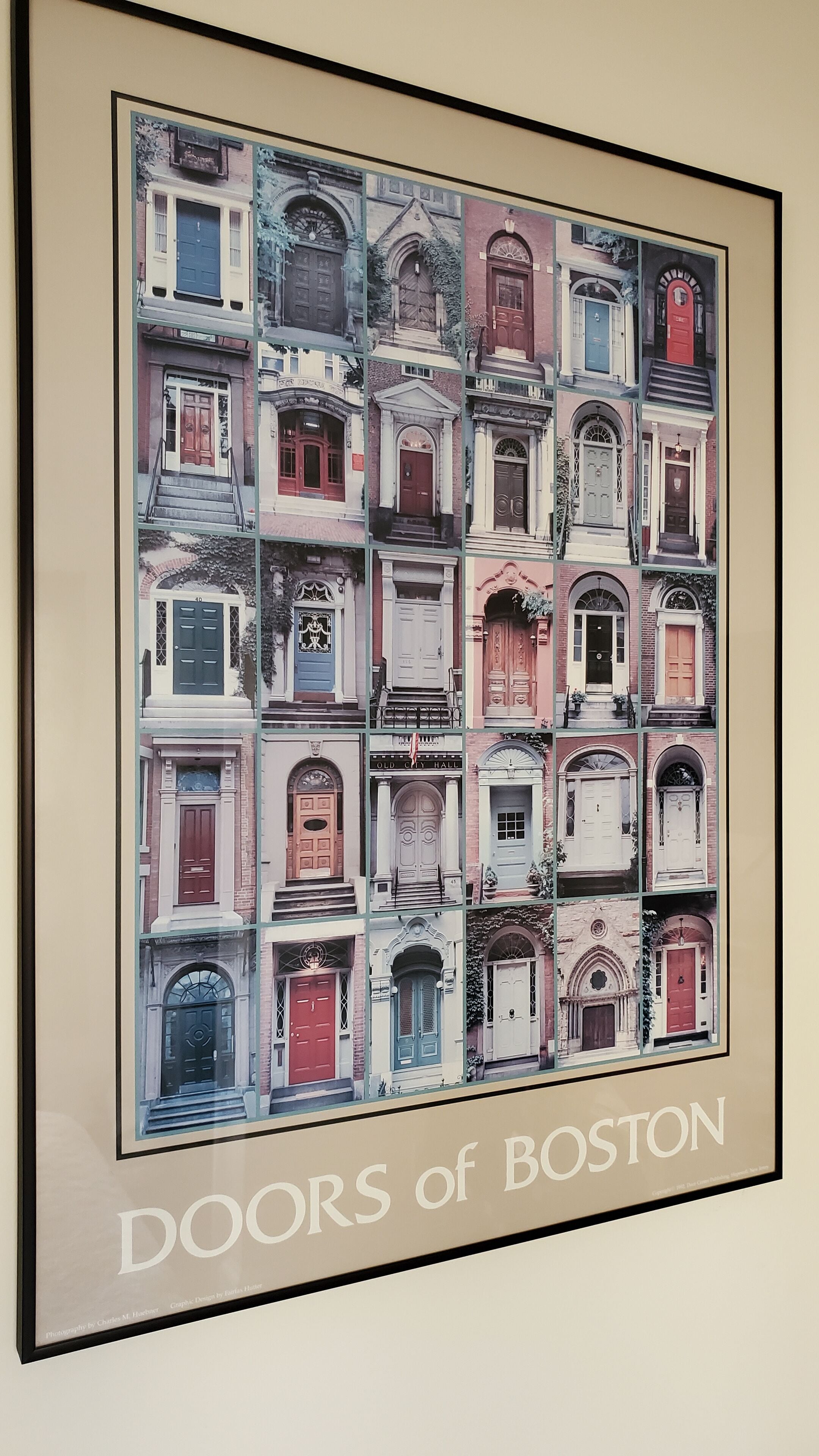 A framed collage of various doors from Boston, labeled "DOORS of BOSTON."