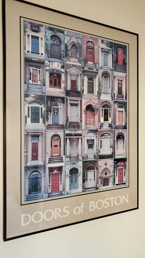 A framed collage of various doors from Boston, labeled "DOORS of BOSTON."
