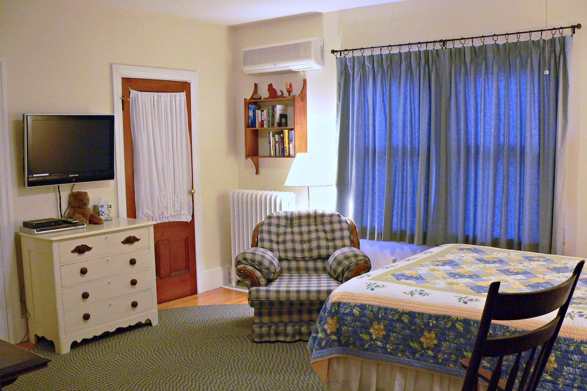 A bedroom with a bed, a chair, a dresser, a television, a radiator, and a window with curtains.