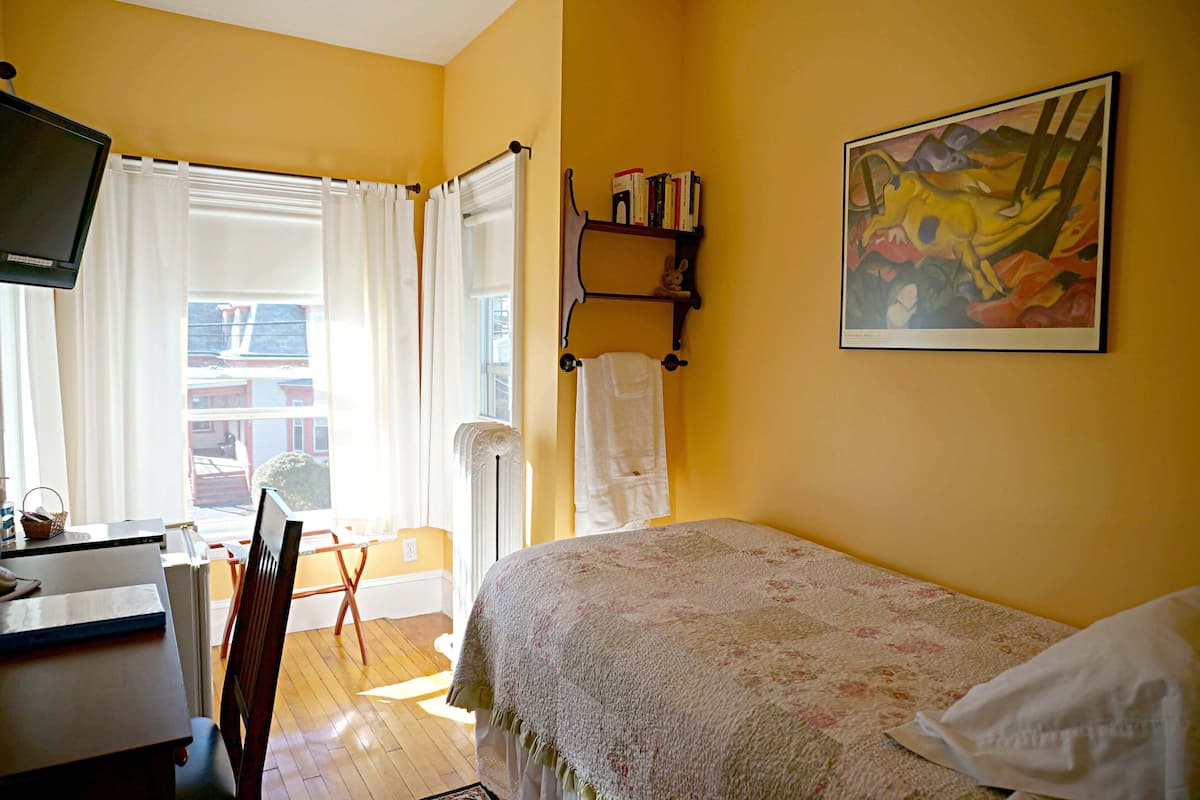 A room with a bed, a desk, a chair, a television, and a window with curtains.