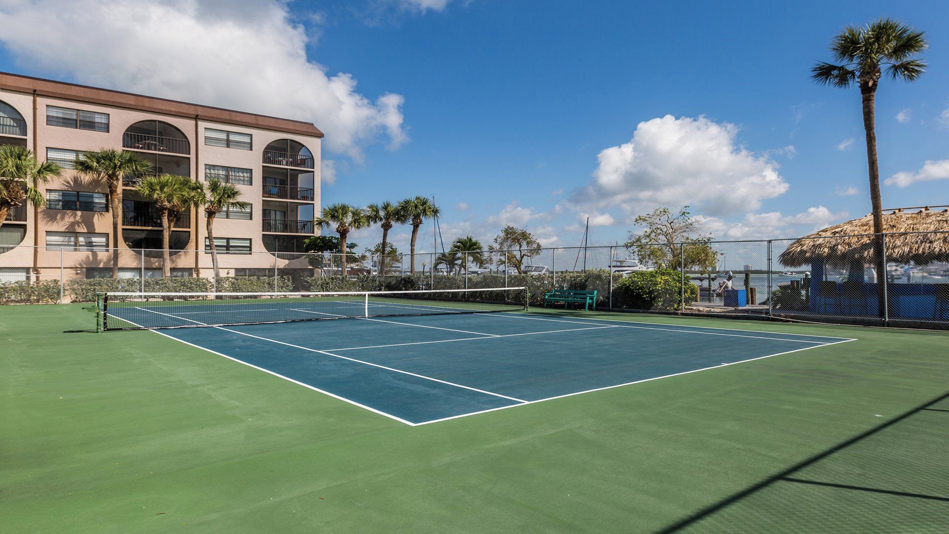 Un court de tennis avec un filet, entouré de palmiers et bordé d’un bâtiment doté de grandes fenêtres.