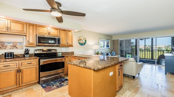 Fridge, microwave, oven, stovetop