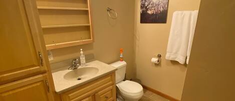 A bathroom with a wooden vanity, a toilet, and a sink. There are two blue and white rugs on the floor.