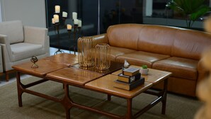 Una sala de estar moderna con una mesa de centro de madera, un sofá de cuero y una pequeña planta en maceta.