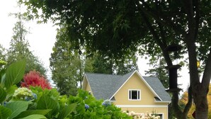 Un jardin avec un chemin de pierres menant à une maison.