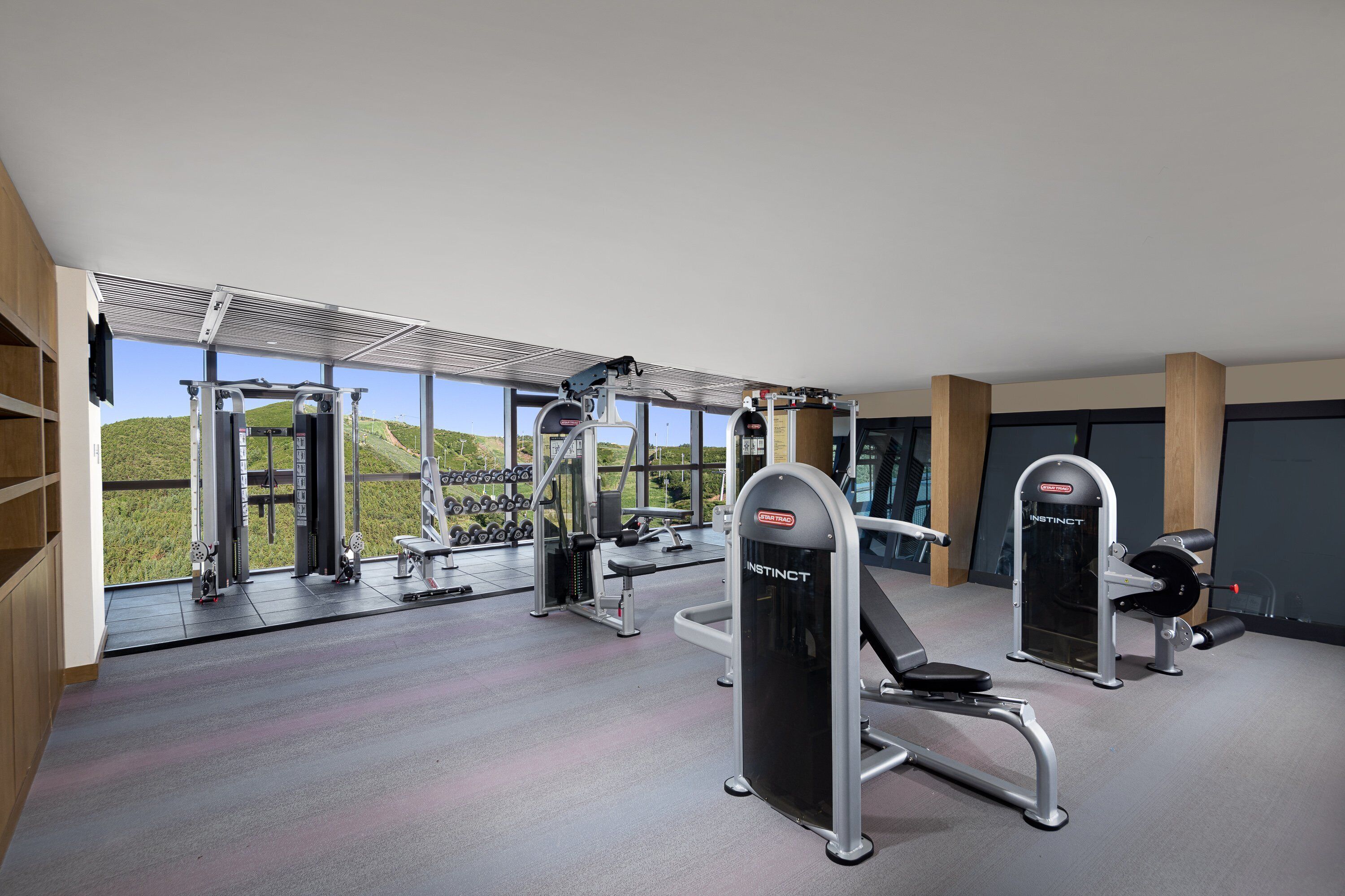 A gym with various exercise equipment, large windows, and a view of a green landscape.