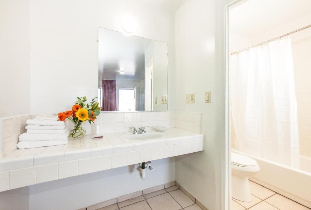 Combined shower/bathtub, towels