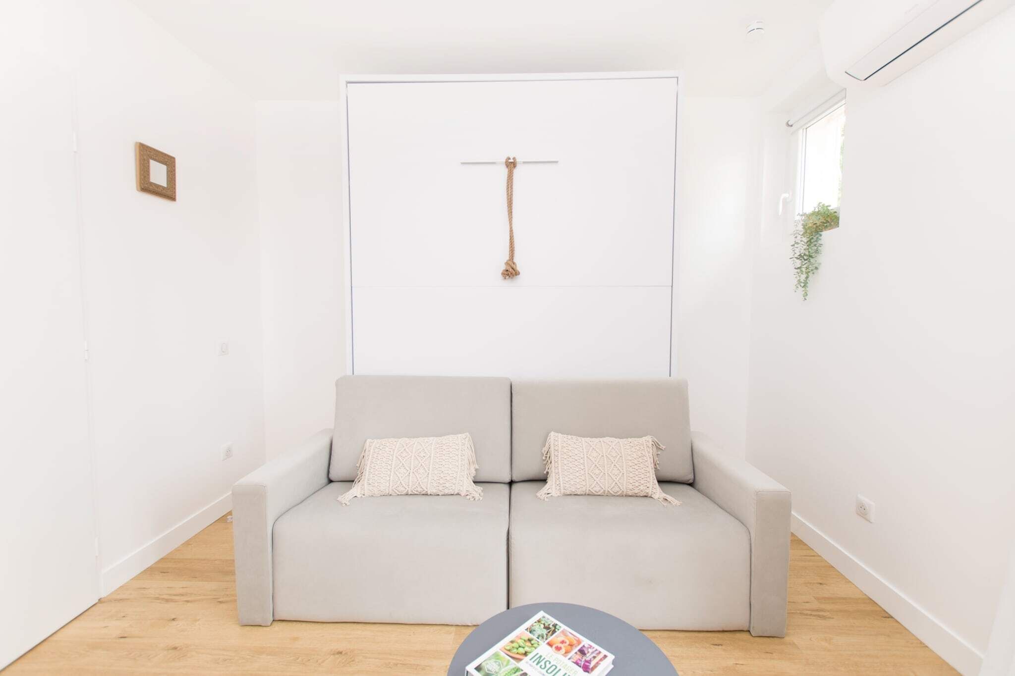 A minimalist living room with a grey sofa, two cushions, a small round table with a magazine, a hanging rope, and a plant on the wall.