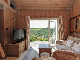 A wooden interior with a television on a cabinet, a sofa, and a view of a green landscape through a glass door.