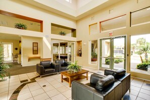 Relax in our spacious lobby with comfortable seating and a mezzanine level.