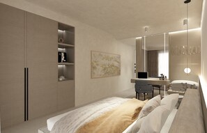 A modern bedroom with a bed, a desk, a chair, a wardrobe, and a large mirror. - Core Hotel (Kassandra)