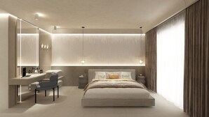 Ein modernes Schlafzimmer mit Bett, Nachttischen, Schreibtisch und Stuhl.