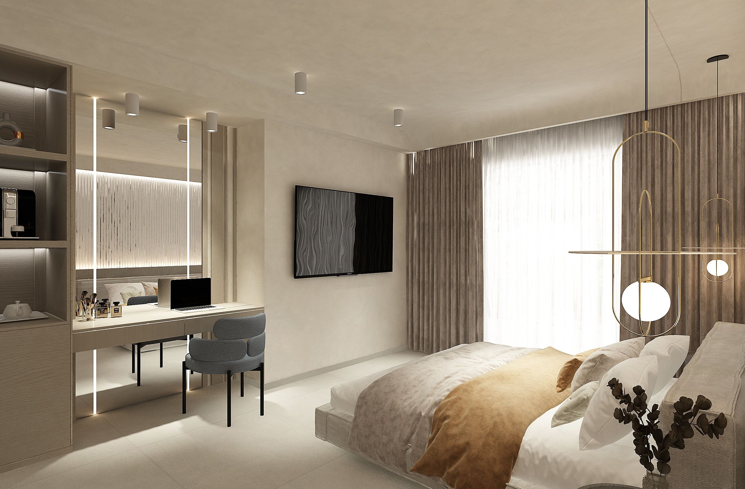 A modern bedroom with a bed, desk, chair, and a large window with curtains.