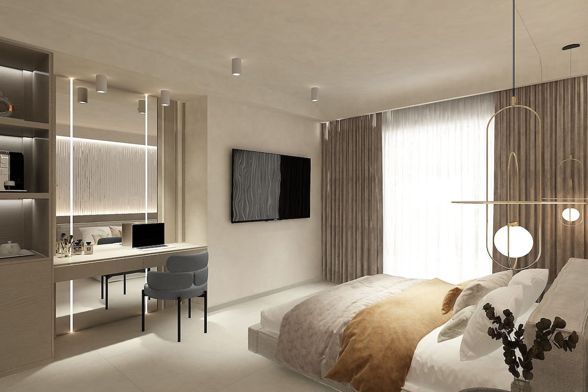 A modern bedroom with a bed, desk, chair, and a large window with curtains.