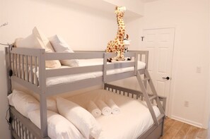 2 bedrooms, desk, laptop workspace, iron/ironing board