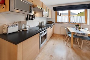 Fridge, microwave, oven, stovetop - "Haus Lowe Appartement 1 Stock Nr 3" with Mountain View (Filzmoos)