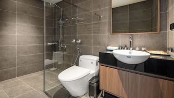 Een douche, een hydromassagedouche, een haardroger, badjassen