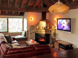 TV connectée, cheminée, livres
