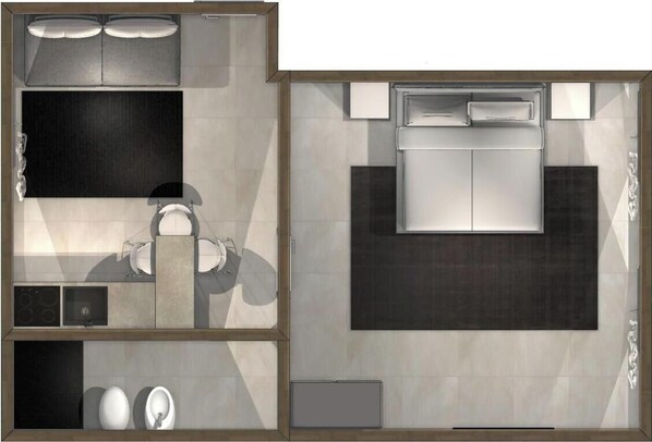A modern kitchen with a central island, a dining area with a table and chairs, and a built-in bench seating area.