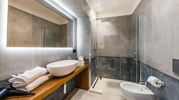 Shower, hair dryer, towels