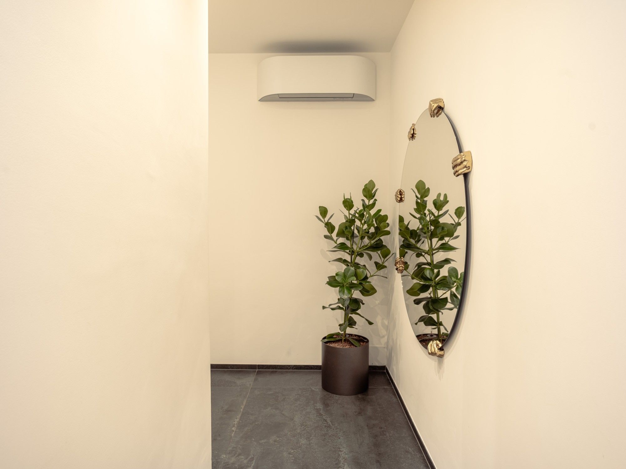 A hallway with a potted plant, a wall-mounted mirror, and a ceiling-mounted air conditioning unit.