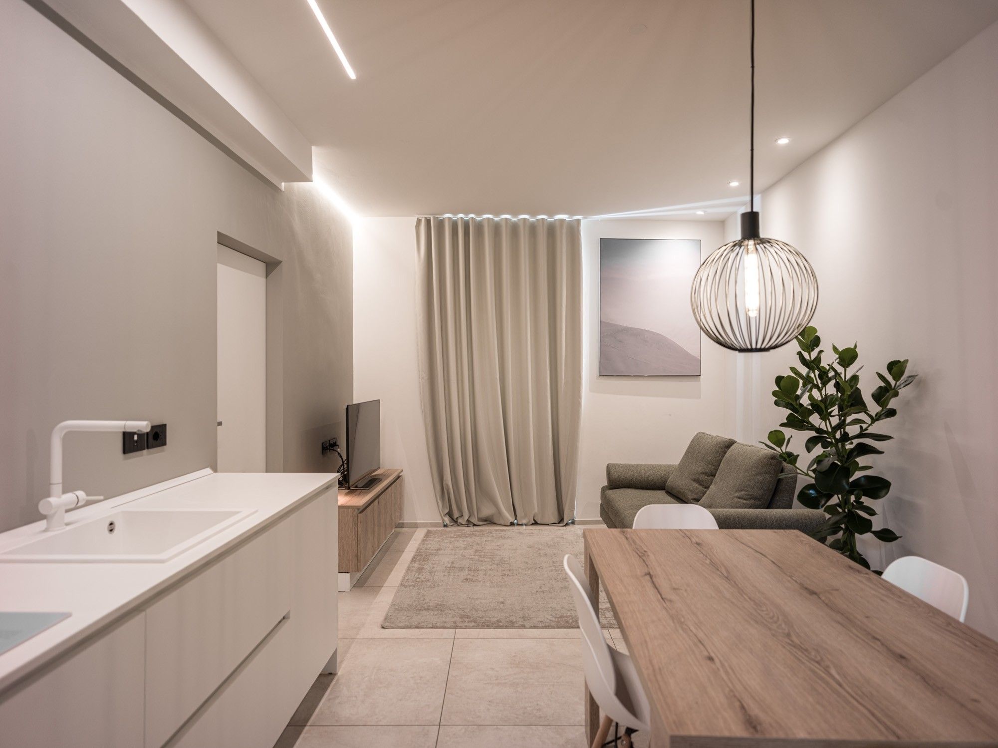 Une cuisine moderne avec un plan de travail et un évier blancs, un coin repas avec une table et des chaises en bois, un canapé avec des coussins et une grande plante.
